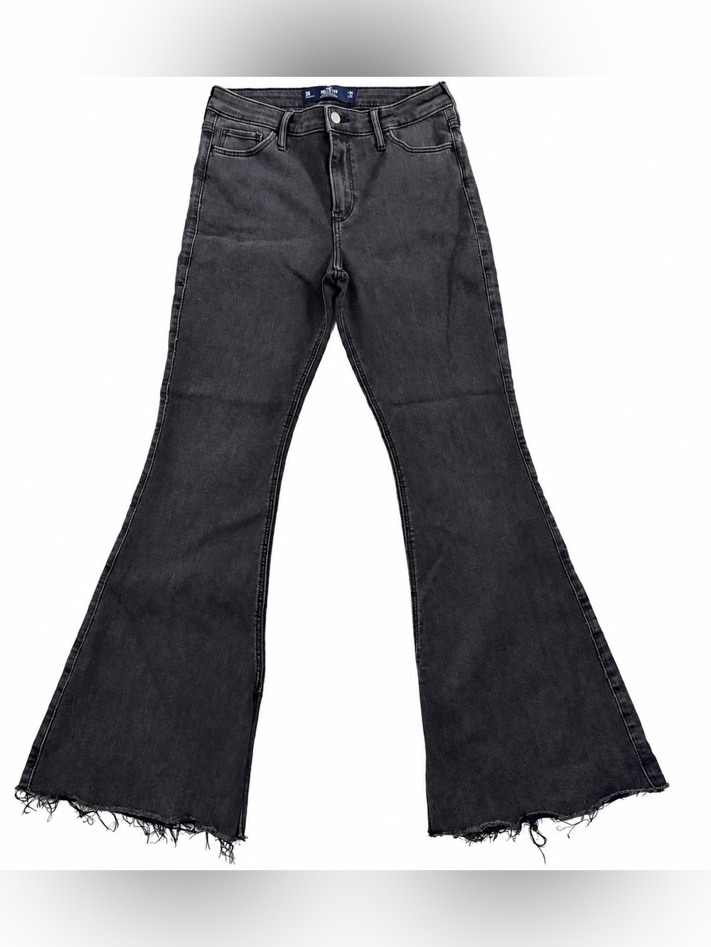 Hollister High Rise Flare Jeans Womens 9 29x31 Black Soft Stretch Raw Hem Slit